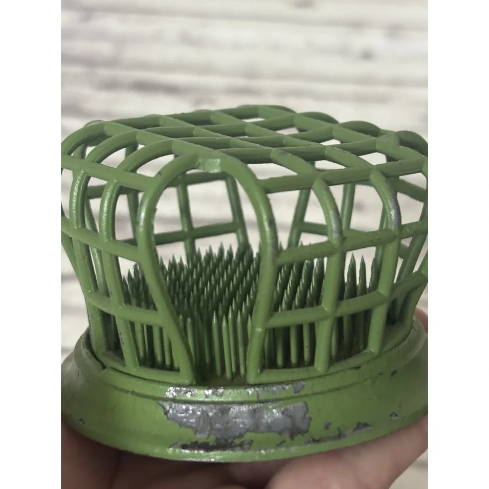 Vintage Green Cast Iron Flower Frog Cage Spikes Floral 3.5